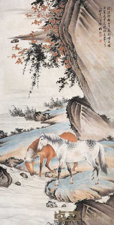 殷锡梁 双骏图 立轴 132×67cm